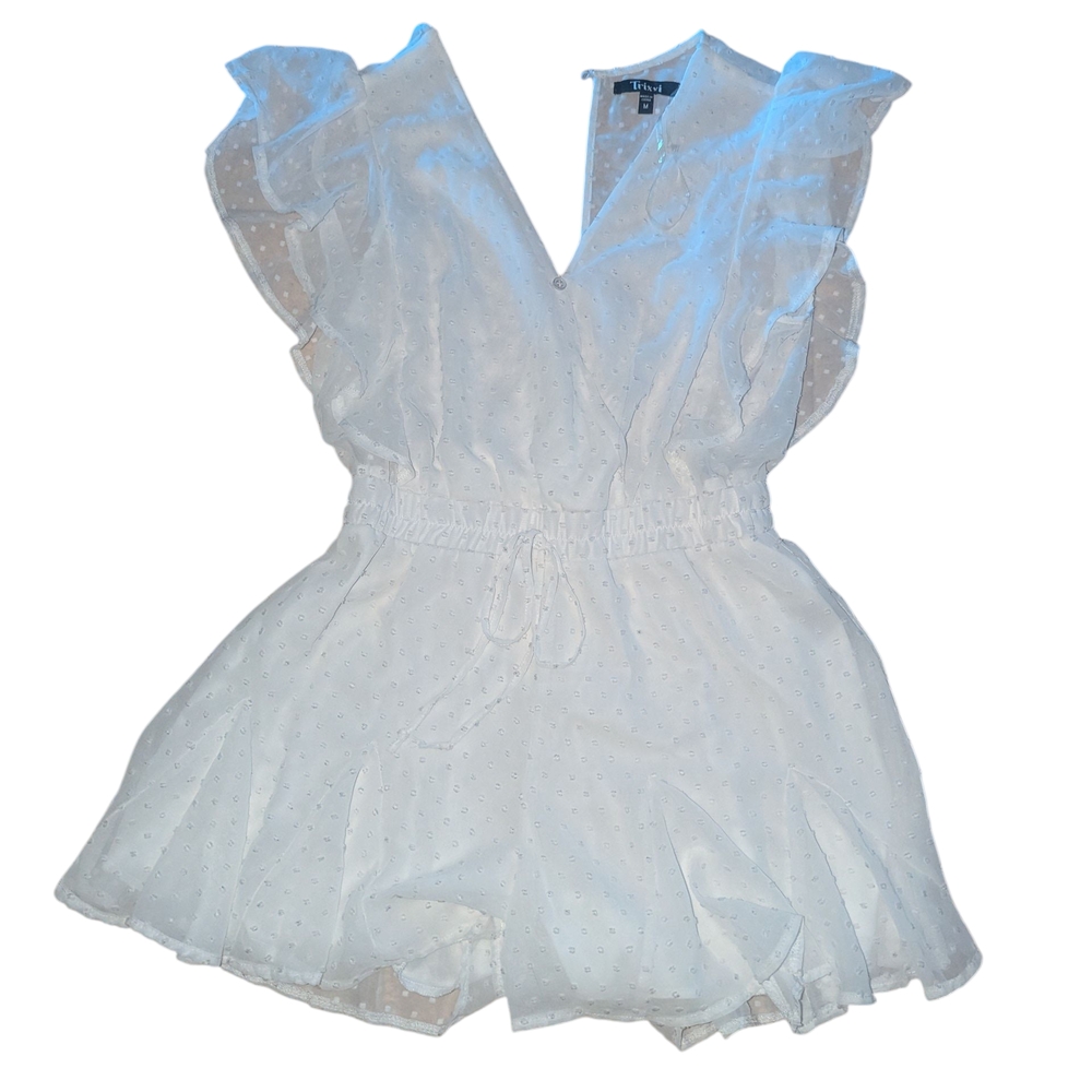 🛍️White Lace Polka Dot Ruffled Romper - Picture 1 of 5